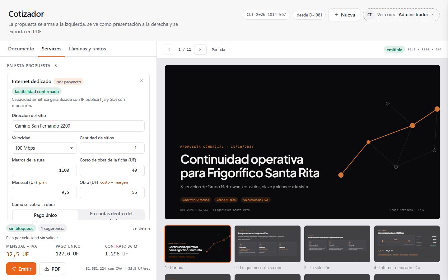 Cotizador, pestaña Servicios